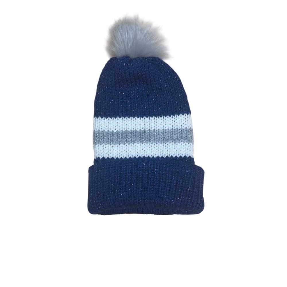 Cozy Blue and Gray  Pom-Pom Beanie